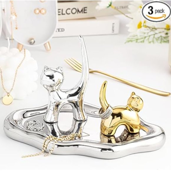 Ceramic Jewelry Cloud-Shaped Tray & 2 Removable Cat Ring Holder Set - Picture 1 of 9